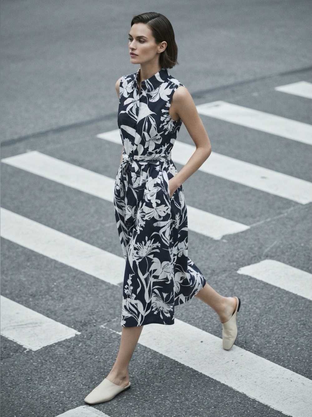 NWT Calvin Klein Navy White Floral Shirt Midi Dress Belted Size 10